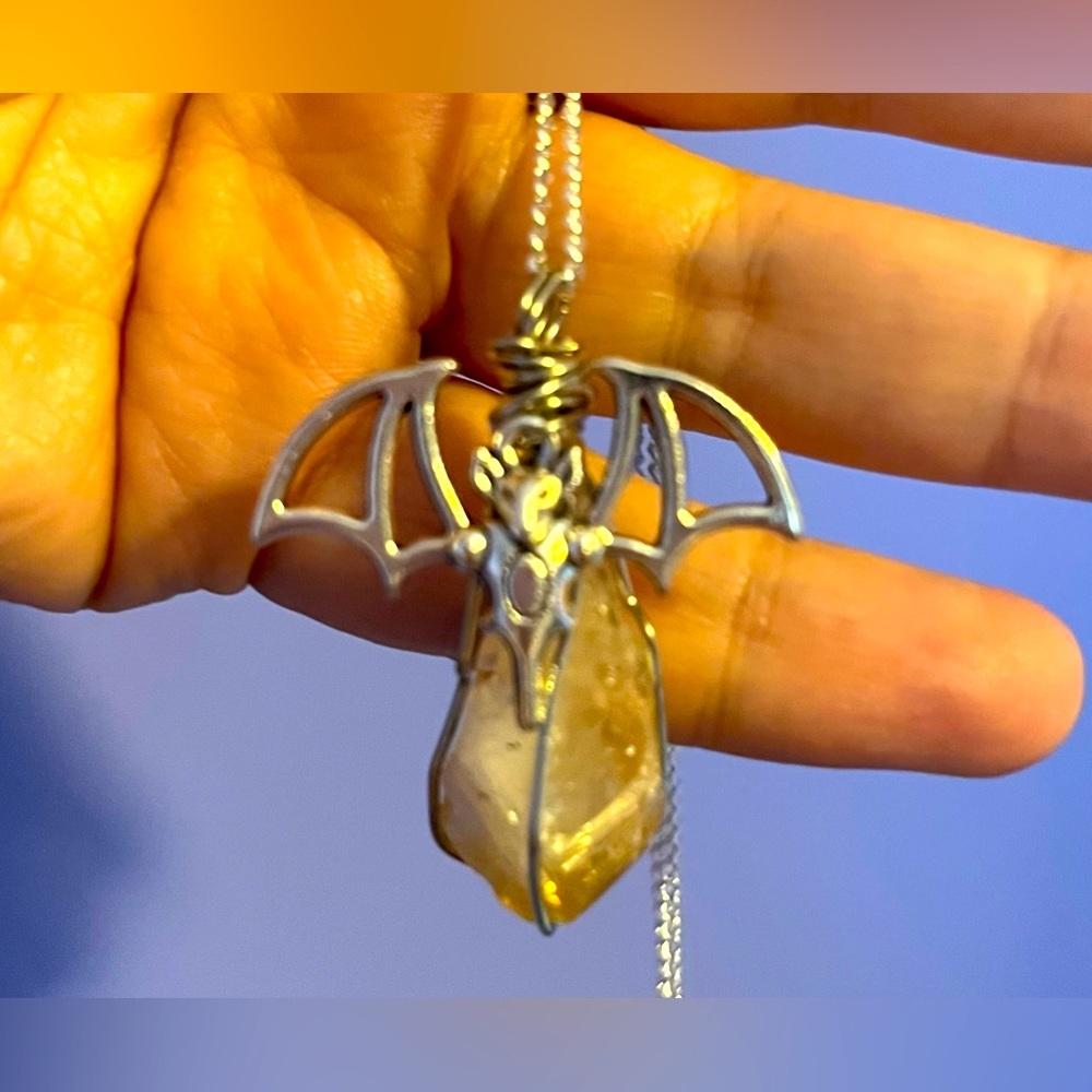 Citrine Bat Necklace, gothic wire wrapped crystal jewelry, Halloween bat
